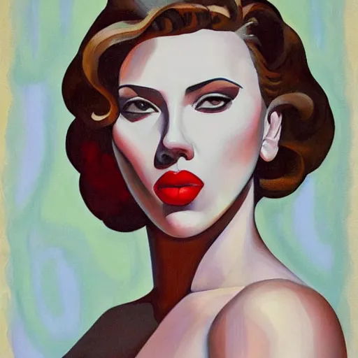 Image similar to painting of Scarlett Johansson in the style of Tamara de Lempicka