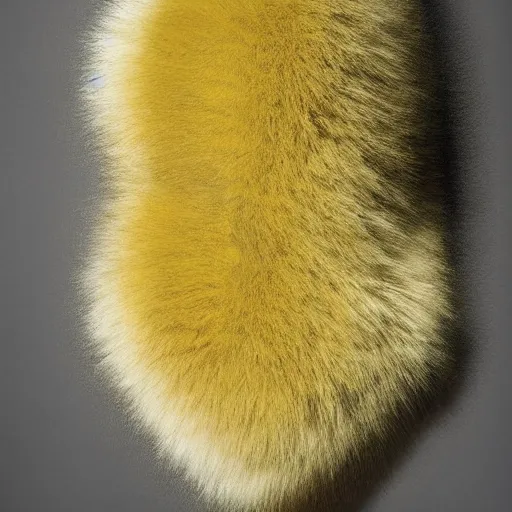 Image similar to poster nike shoe made of very fluffy yellow faux fur placed on reflective surface, professional advertising, overhead lighting, heavy detail, realistic by nate vanhook, mark miner