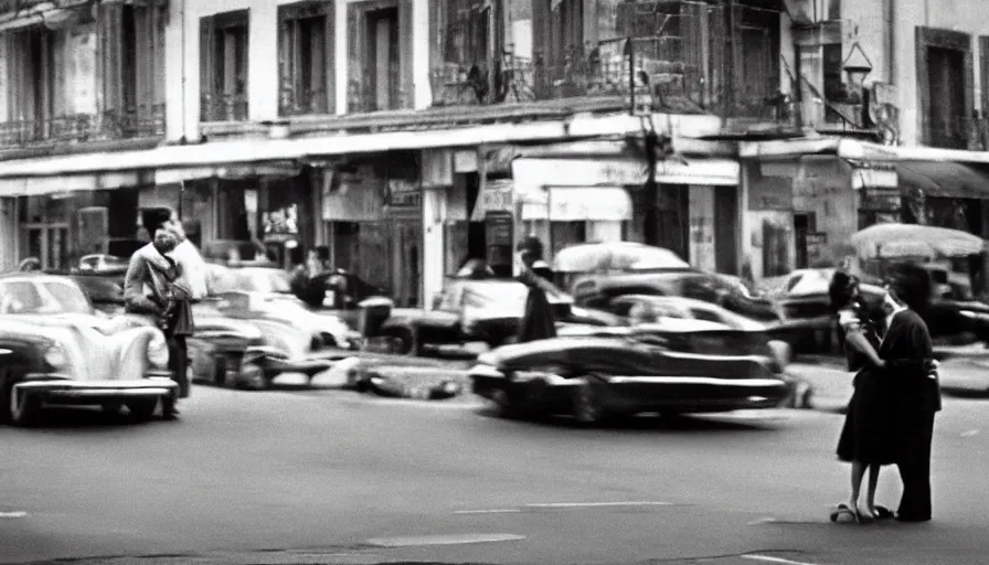 Image similar to “A still from a modern French art house movie 1960’s. City street, car, man and woman in love, Cinematic lighting, highly detailed, close-up,”