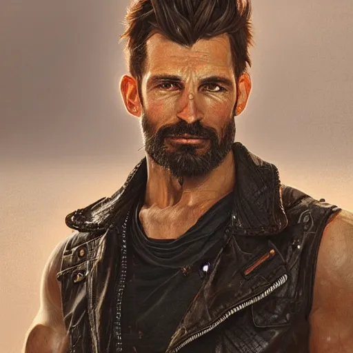 Image similar to Portrait of rugged scarred muscular man with stubble beard wearing a black leather jacket, waist high, intricate, wild, highly detailed, digital painting, artstation, concept art, smooth, sharp focus, illustration, art by artgerm and greg rutkowski and alphonse mucha