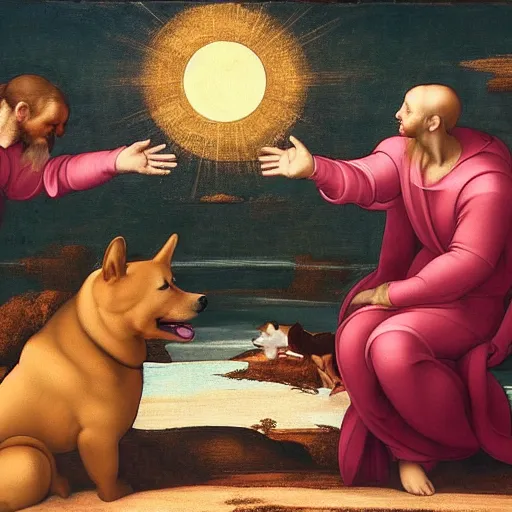 Prompt: the creation of adam by michelangelo but the people are replaced with shiba - inu dogs, renaissance painting