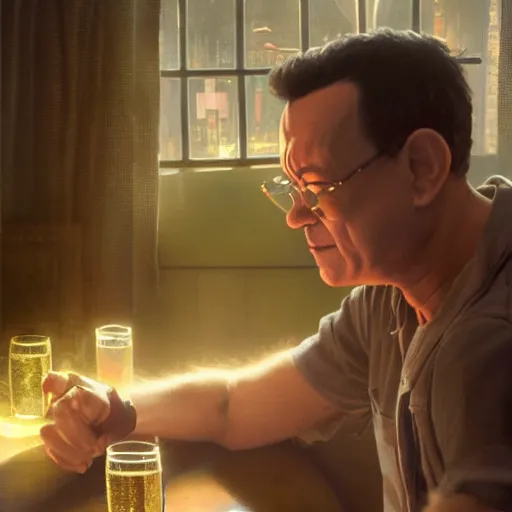 Image similar to tom hanks drinking a beer, highly detailed vfx portrait, unreal engine, greg rutkowski, loish, rhads, caspar david friedrich, makoto shinkai and lois van baarle, ilya kuvshinov, rossdraws, elegent, tom bagshaw, alphonse mucha, global illumination, detailed and intricate environment.