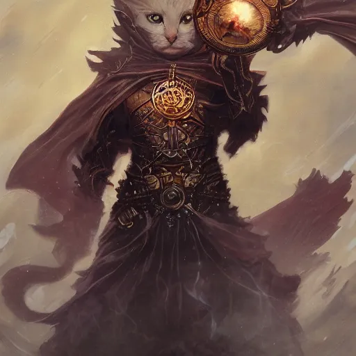 Prompt: Cat, Anthropomorphized, casting evil spell, magic the gathering artwork, D&D, fantasy, centered, symmetrical, highly detailed, artstation, concept art, sharp focus, 8k, art by Akihiko Yoshida and Greg Rutkowski and Craig Mullins, oil painting