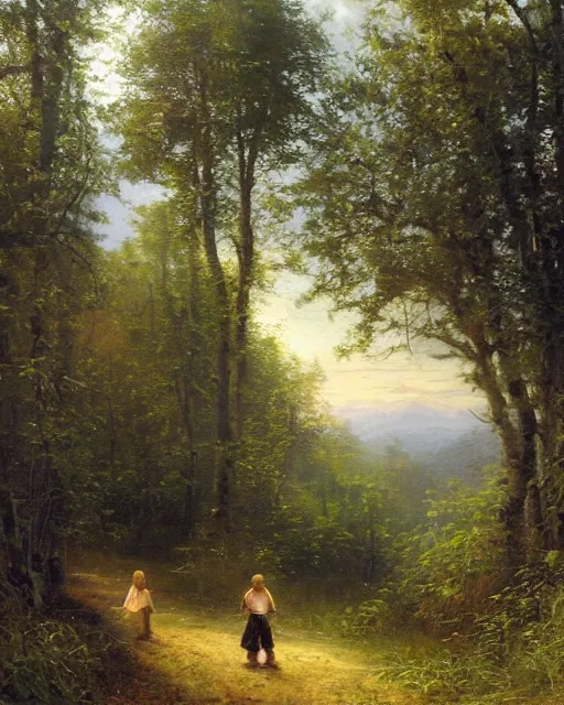 Prompt: an oil painting of a young, poor peasant brother and sister in the forest, by thomas kincade, ivan shiskin, and james gurney