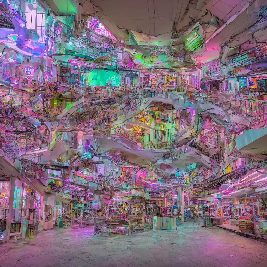 Image similar to architecture, futuristic, neon, pastel colors, hd 8 k, digital design, detailed, abandoned, overgrown, candy shop in a mall, candies