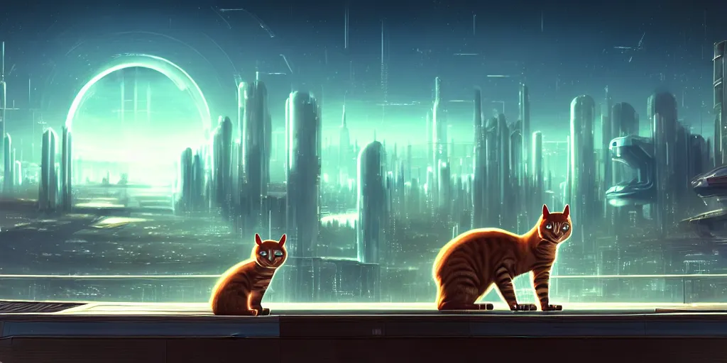 Prompt: anthropomorphic cat, sitting on a wooden deck, staring into the sky, night, dramatic warm lighting, futuristic cyberpunk cityscape in background, stellaris concept art, ringworld structure in sky