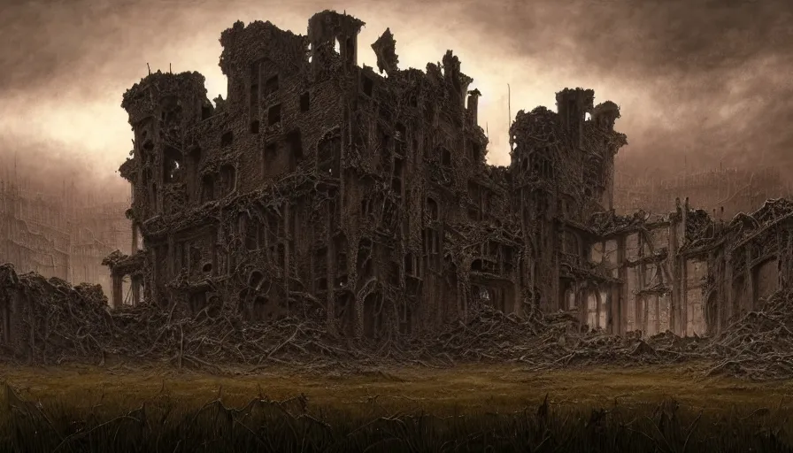 Prompt: death field, a destroyed castle in the distance, rotting, fine details, blood, digital art, volumetric lighting, cinematic light, photorealistic, by dan mumford and zdzisław beksinski, by giger, by caravaggio, 4 k,
