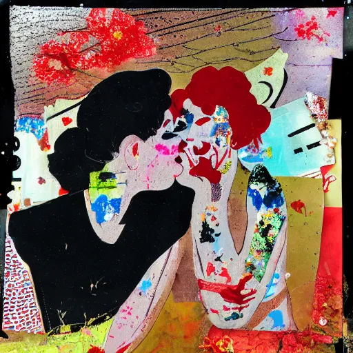 Image similar to two women kissing at a carnival in tokyo, mixed media collage, retro, paper collage, magazine collage, acrylic paint splatters, bauhaus, claymation, layered paper art, sapphic visual poetry expressing the utmost of desires by jackson pollock