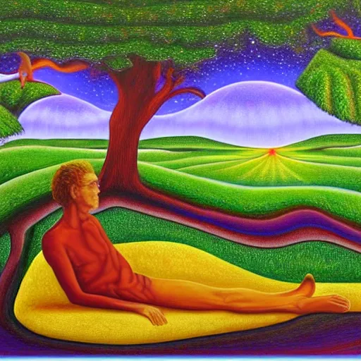 Prompt: painting of a peaceful man relaxing under a tree by alex grey, acrylic art, calm, soothing, cosy, elegant, soft light, psychedelic