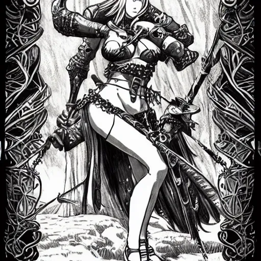 Image similar to precisely drawn illustration of anime red sonja, old-fashioned tarot card, victorian playing card, sepia tone, wide angle, sharp, fine details, anime, manga, cyberpunk, intense line art, 8k, precise linework, realistic, shaded lighting by katsuhiro otomo ghost-in-the-shell, magali villeneuve, artgerm, rutkowski Jeremy Lipkin and Giuseppe Dangelico Pino and Michael Garmash and Rob Rey