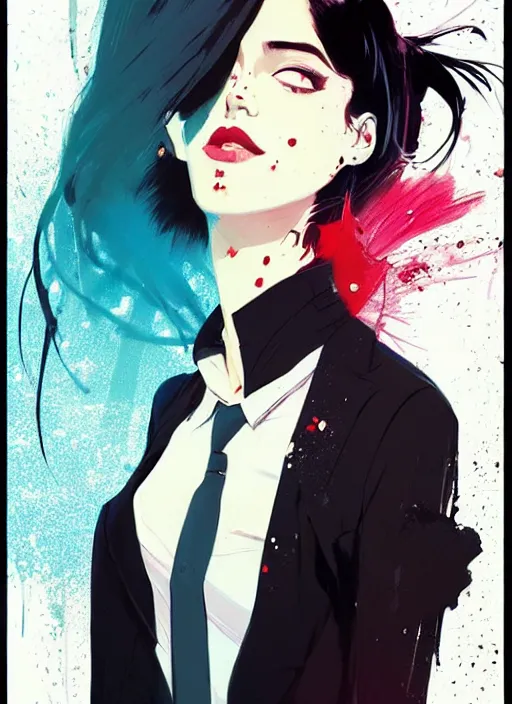 Image similar to a ultradetailed beautiful panting of a stylish woman wearing a shirt with a tie, she has black hair, dancing, by conrad roset, greg rutkowski and makoto shinkai, trending on artstation