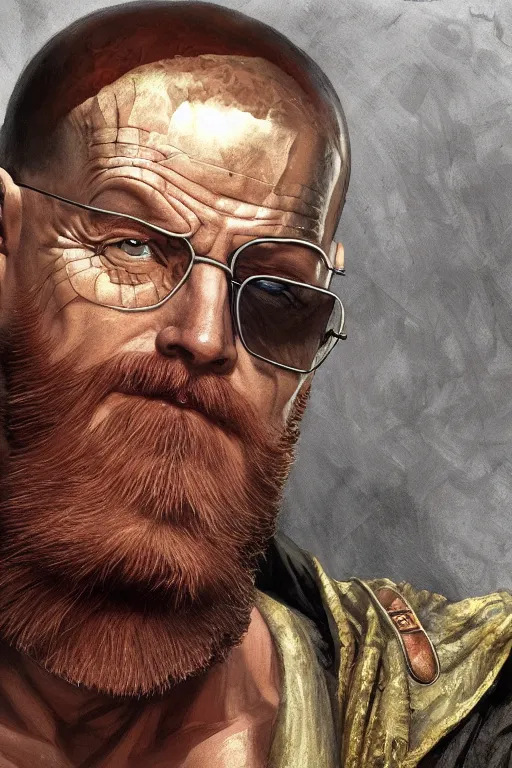 Image similar to Heisenberg as Kratos, highly detailed, digital painting, artstation, concept art, smooth, sharp focus, illustration, ArtStation, art by artgerm and greg rutkowski and alphonse mucha and J. C. Leyendecker and Edmund Blair Leighton and Katsuhiro Otomo and Geof Darrow and Phil hale and Ashley wood and Ilya repin and Charlie Bowater