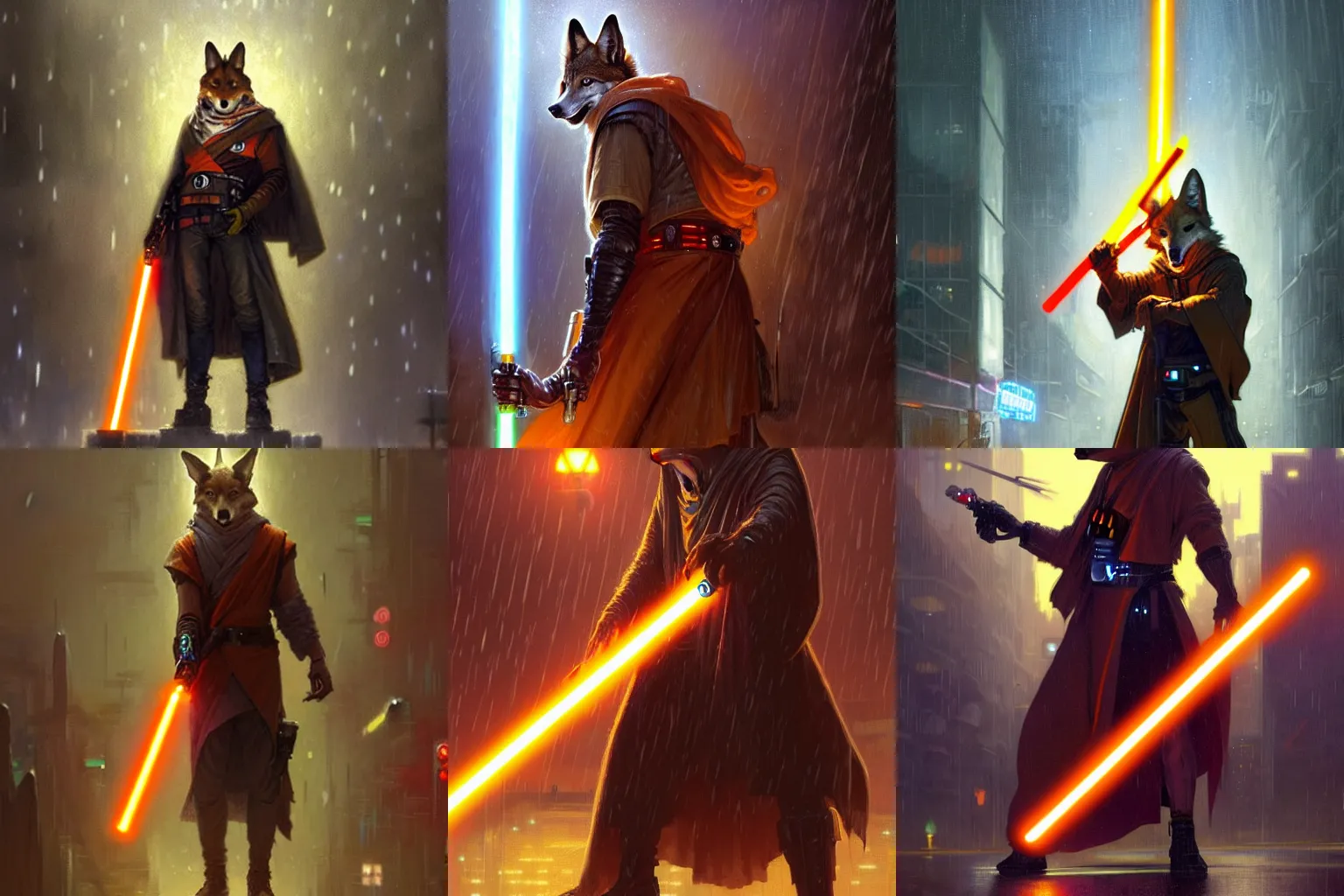 Prompt: anthropomorphic coyote wearing Jedi robes and wielding a lightsaber with an orange blade in a cyberpunk city at night while it rains. Renowned character illustration by greg rutkowski, thomas kindkade, alphonse mucha, loish, norman rockwell. Trending on Artstation.