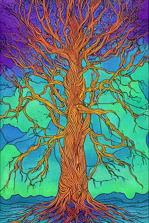 Image similar to a color digital art drawing of a tree with its roots in the water, an illustration of by edgar schofield baum, haeckel and alasdair gray, featured on deviantart, iridescent, ecological art, photoillustration, fractalism, storybook illustration