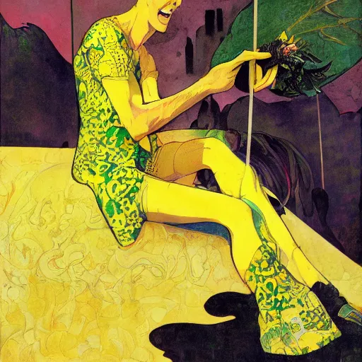 Image similar to art by joshua middleton, the yellow creeper, a tall manically smiling yellow - skinned man with green and black striped cycling shorts and wearing a long red feather boa, yellow makeup, mucha, kandinsky, poster, comic art, stylised design