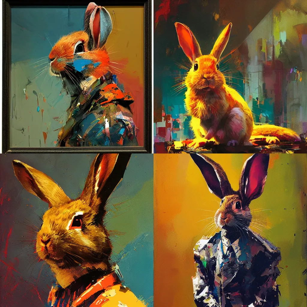 Prompt: Creepy colorful John Berkey portrait of the fatal rabbit by Craig Mullins, front view