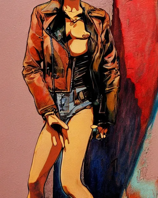 Image similar to young female protagonist in leather jacket, city street, artwork by ralph bakshi