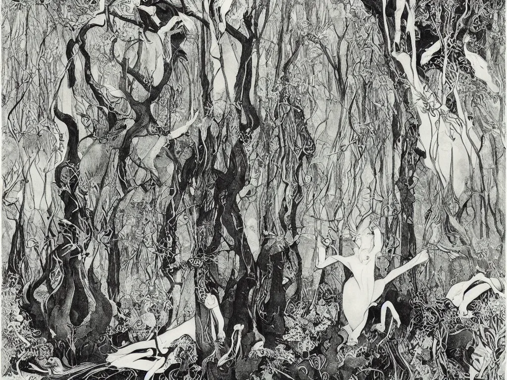 Prompt: illustration forest, artstation, by aubrey beardsley, by caspar david friedrich, by laurie lipton, by kay nielsen, by ivan shishkin, calligraphy, divine, paradox, mycelium, as symbol of soul - journey!, terrifying wilderness, witchcraft!, hope