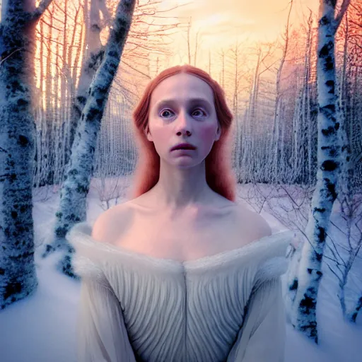 Prompt: photographic portrait of a stunningly beautiful english renaissance female in soft dreamy light at sunset, frozen forest, soft focus, contemporary fashion shoot, in a denis villeneuve and tim burton movie, by edward robert hughes, annie leibovitz and steve mccurry, david lazar, jimmy nelsson, extremely detailed, breathtaking, hyperrealistic, perfect face, octane render