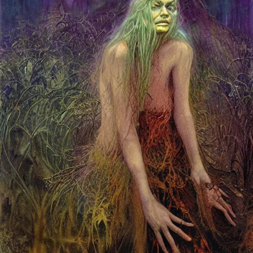 Image similar to rusalka of the blighted swamp, by brian froud, cold colors, oil on canvas