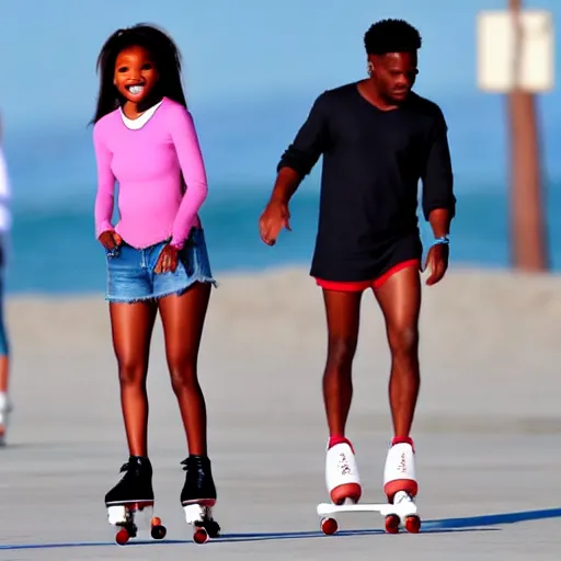 Prompt: Halle Bailey roller skating on Venice Beach in the style of GTA V