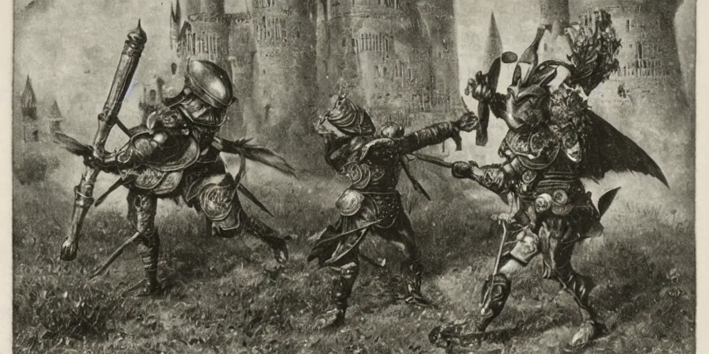 Image similar to anthropomorphic furry wolf in armor fighting in front of a castle, 1900s picture