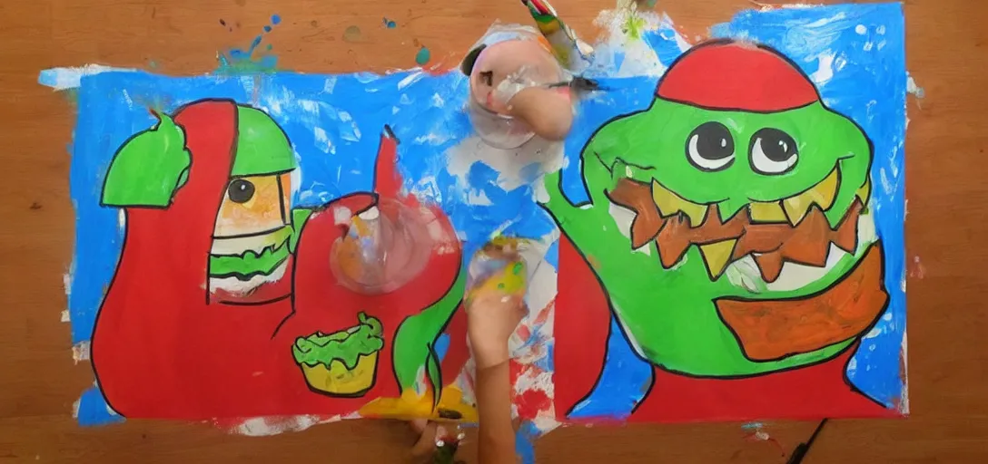 Image similar to kids painting of fast food monster