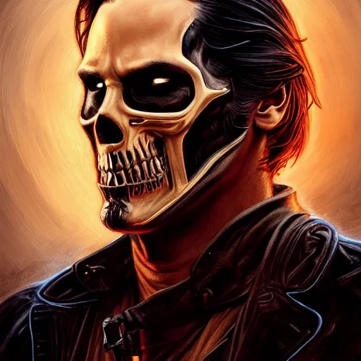 Image similar to handsome Keanu Reeves as Ghost Rider, western, closeup, D&D, fantasy, intricate, elegant, highly detailed, digital painting, artstation, concept art, matte, sharp focus, illustration, art by Artgerm and Greg Rutkowski and Alphonse Mucha