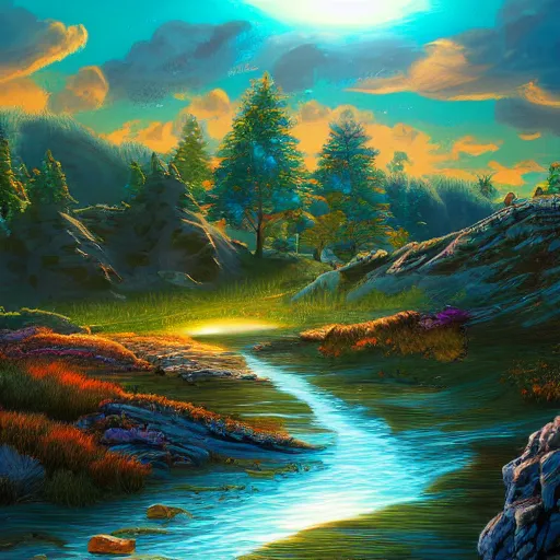 Image similar to always the sun, beautiful strange detailed summer landscape painting 8k resolution deviantart trending on Artstation concept art digital illustration