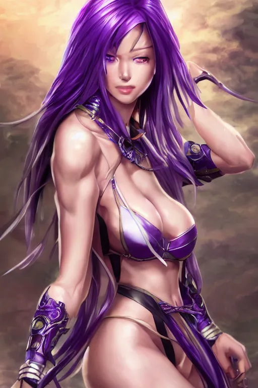 Image similar to a very beautiful mature raiden of genshin impact, full body, long wavy purple hair, purple eyes, full round face, bikini, miniskirt, front view, mid - shot, cute pose, highly detailed, cinematic wallpaper by stanley artgerm lau