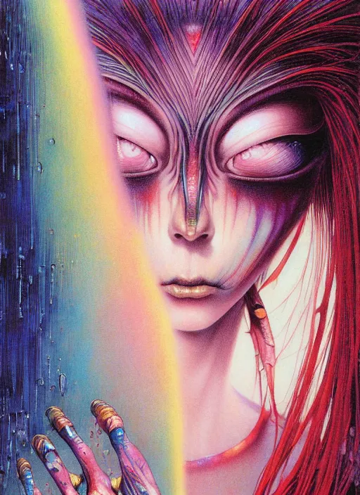 Prompt: realistic detailed image of a alien girl with rainbow hair looking in a mirror, anime art, anime key visual by Ayami Kojima, Amano, Karol Bak, Greg Hildebrandt, and Mark Brooks, Neo-Gothic, gothic, rich deep colors. art by Takato Yamamoto. masterpiece. Beksinski painting. still from 1993 movie by Terrence Malick and Gaspar Noe