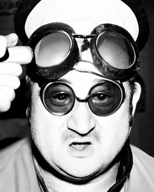 Image similar to headshot of a crazed john belushi smoking a cigar, he is wearing a leather bomber cap on his head, he has on aviator goggles, he is also wearing an a 2 flight jacket, a long white wool scarf is wrapped around his neck, he has a 5 o'clock shadow