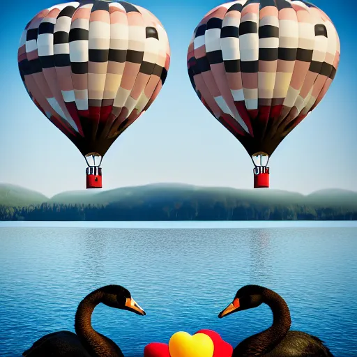 Image similar to photo of two black swans swimming in a beautiful reflective mountain lake, touching heads, forming a heart with their necks, a colorful hot air balloon is flying above the swans, hot air balloon, intricate, portrait, 8k highly professionally detailed, HDR, CGsociety, octane render, 4k