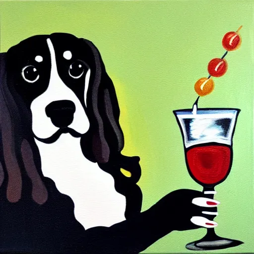 Image similar to a painting of a spaniel at the bar with a Martini, style mila furstova, light effect