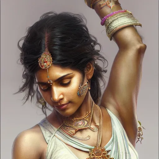 Image similar to indian woman doing push ups, ultra realistic, concept art, intricate details, highly detailed, photorealistic, octane render, 8 k, unreal engine. art by artgerm and greg rutkowski and alphonse mucha