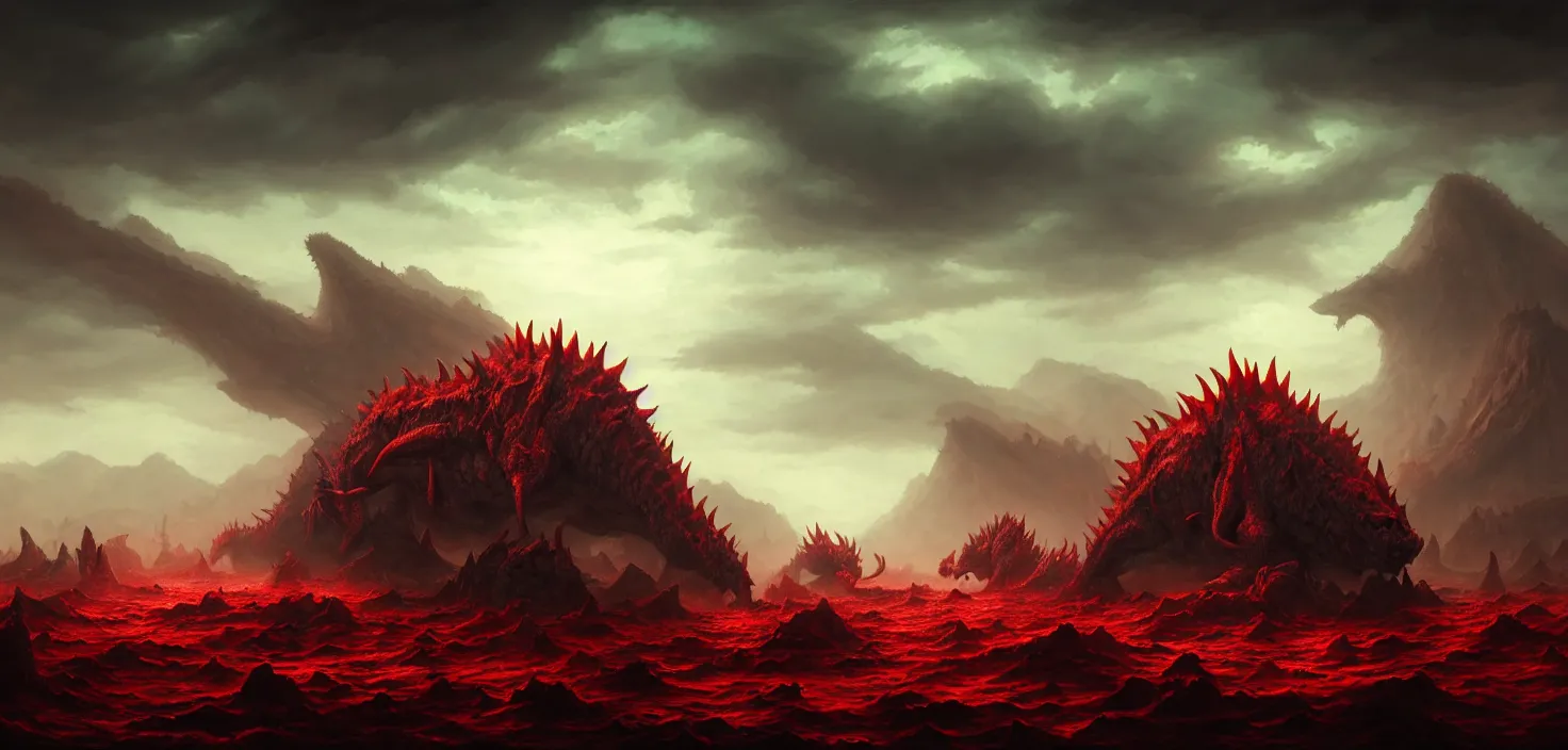 Prompt: seven dragon moloch horridus heads rising from the sea of blood, landscape, cinematic view, epic sky, detailed, concept art, low angle, high detail, warm lighting, volumetric, godrays, vivid, beautiful, trending on artstation, by jordan grimmer, huge scene, grass, art greg rutkowski