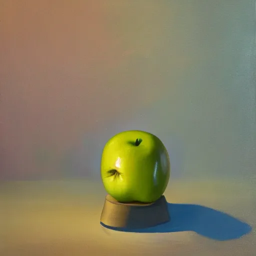 Prompt: Painting of a transparent apple made of glass, the sun illuminating the apple from within, oil on canvas by Buchholz Quint, artstation trending, 8k