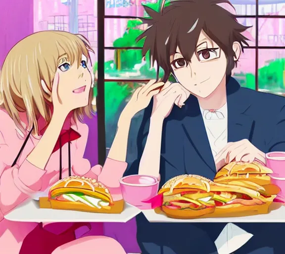 Prompt: A girl and her boyfriend are eating at a fast food restaurant, there are pink hearts around their heads, anime art, hd, smooth, elegant, Studio Ghibli