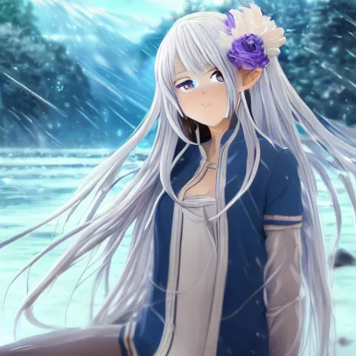 Image similar to a very beautiful anime elf girl, full body, long silver hair with a flower, sky blue eyes, full round face, short smile, casual clothes, ice snowy lake setting, cinematic lightning, medium shot, mid-shot, highly detailed, trending on Artstation, Unreal Engine 4k, cinematic wallpaper by Stanley Artgerm Lau, WLOP, Rossdraws, James Jean, Andrei Riabovitchev, Marc Simonetti, and Sakimichan