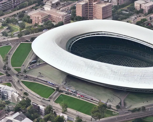 Image similar to a stadium designed collaboratively by zaha hadid and frank lloyd wright