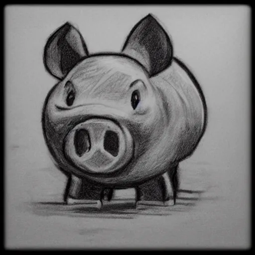 Image similar to minecraft pig horror evil, black and white charcoal sketch