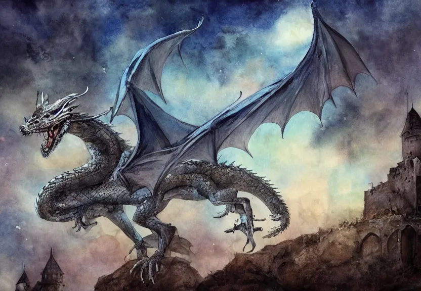 Prompt: dragon with possum head flying over a medieval castle under a dark starred sky, dark fantasy, watercolor, dreaming illusion, highly detailed, 4k, trending on Artstation, award-winning