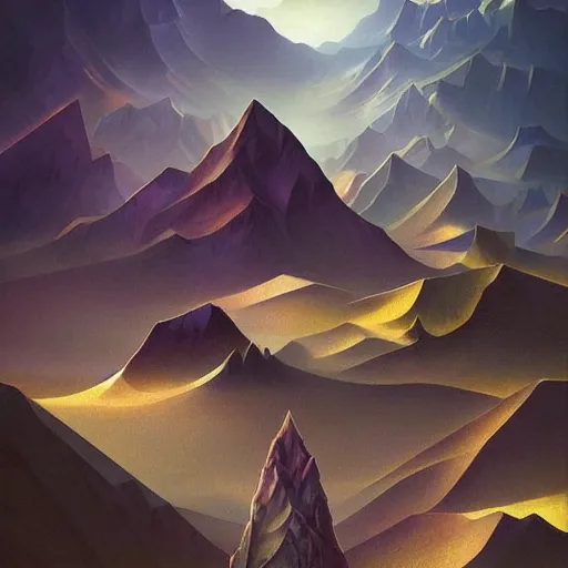 Prompt: a hyperrealistic illustration of Cubism Mountain Range, Cubism Mountain Range with fractal sunlight, award-winning, masterpiece, in the style of Tom Bagshaw, Cedric Peyravernay, Peter Mohrbacher