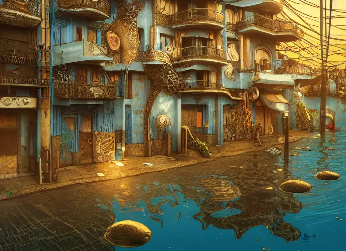 Image similar to art nouveau favela, underwater environment, scenery, professional, award - winning, trending on artstation, hyper detailed, realistic, beautiful, emotional, shiny, golden, picture