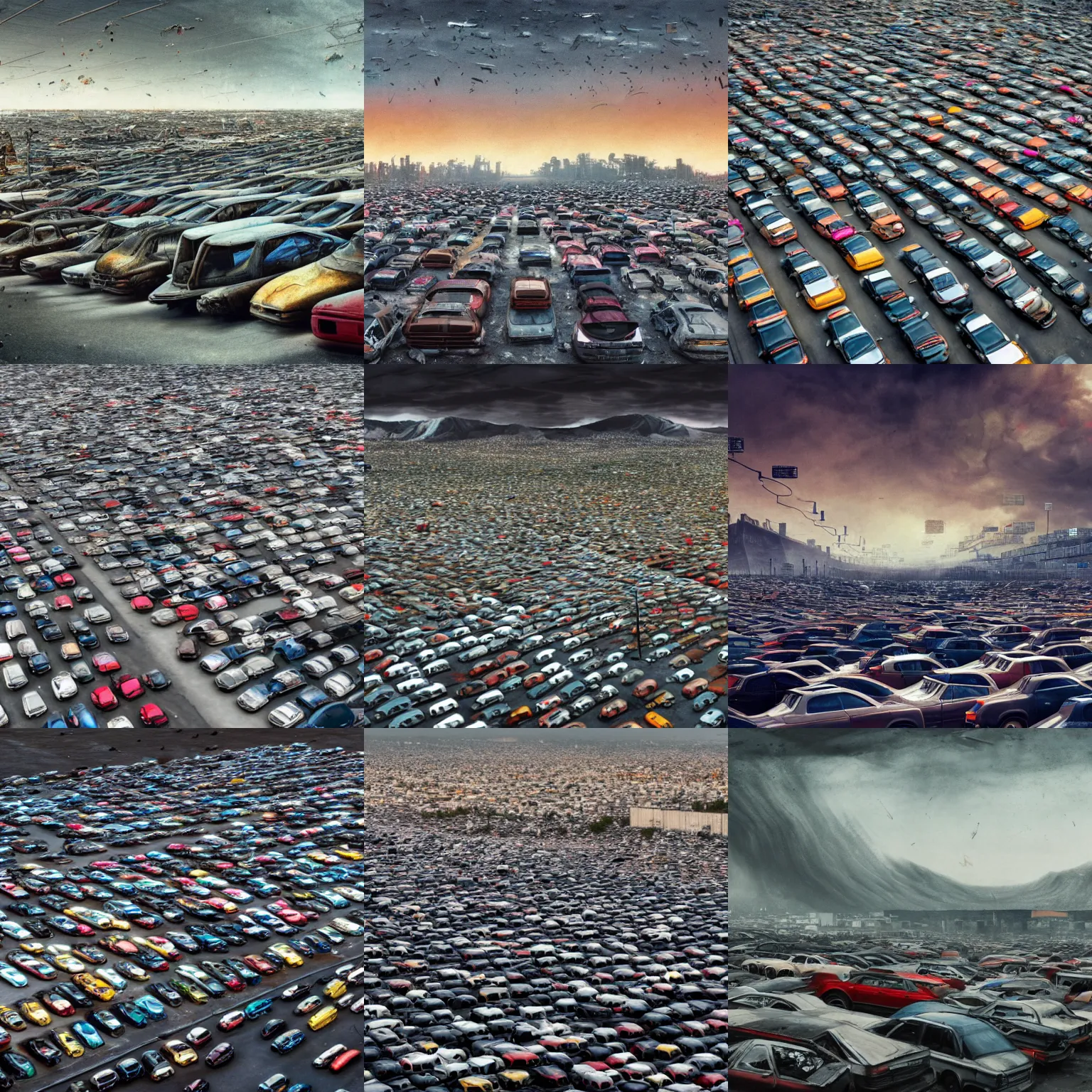 Prompt: a parking lot filled with lots of wrecked cars, a detailed matte painting by andreas gursky, shutterstock contest winner, neoplasticism, apocalypse landscape, cluttered, furaffinity