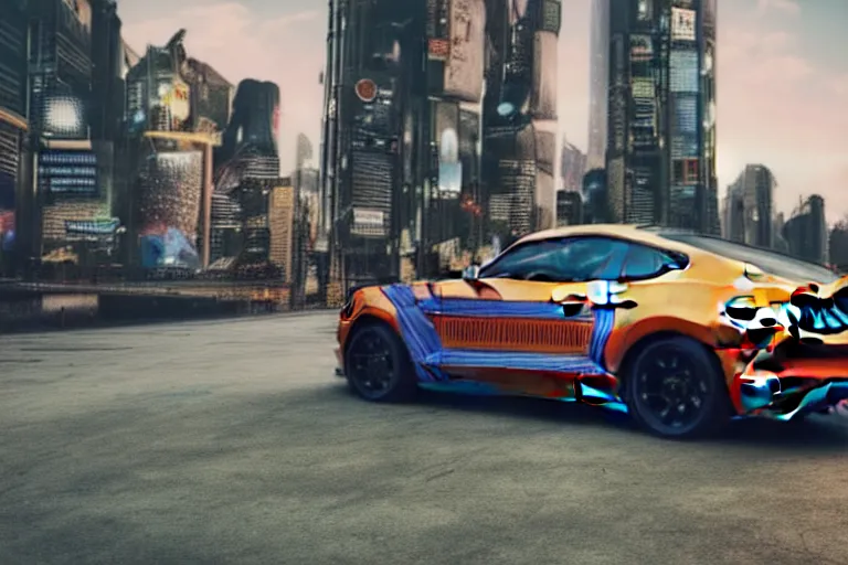 Image similar to ford mustang in cyberpunk city