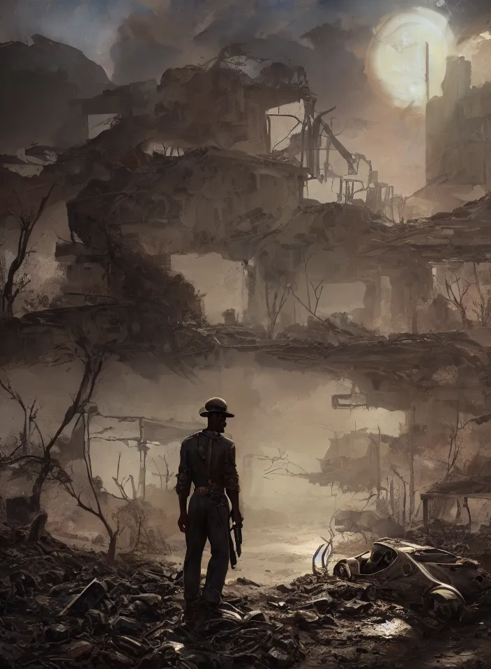 Image similar to a half portrait of preston garvey exploring a ruined settlement in fallout 4, sci - fi setting, fallout environment, drab colors, serene lighting, atmospheric, cinematic, moody, in the style of diego koi, gina heyer, luiz escanuela, art by alyssa monk, hyperrealism, rule of thirds, golden ratio, oil on canvas, 8 k