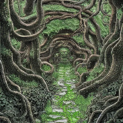 Image similar to hyper-detailed concept art for an ancient underground shrine with lots of vines and moss growing by masashi kishimoto