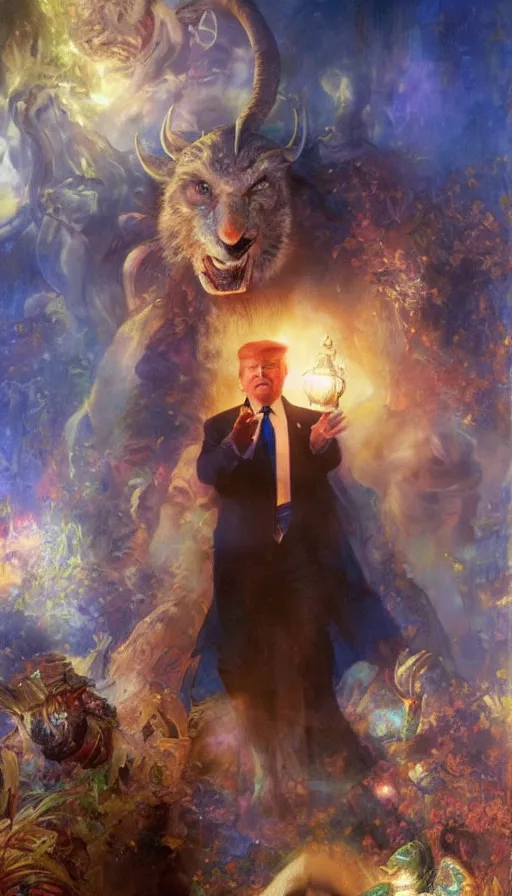 Prompt: donald trump in the island of dr moreau, air brush, oil paint, radiant light, caustics, heroic, bright iridescent light, by gaston bussiere, bayard wu, greg rutkowski, maxim verehin