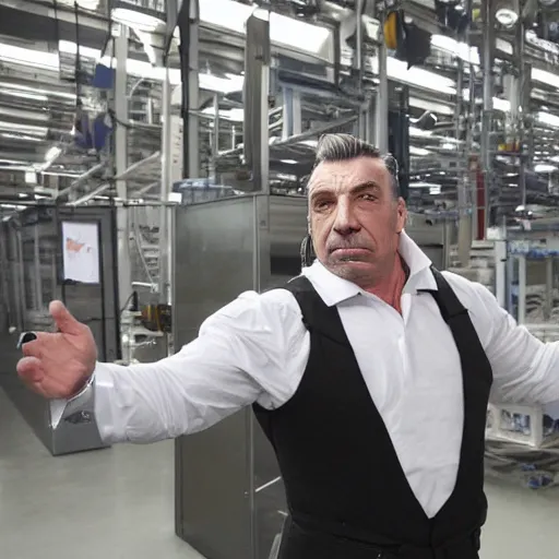 Image similar to till lindemann inspecting a factory which produces clones of putin